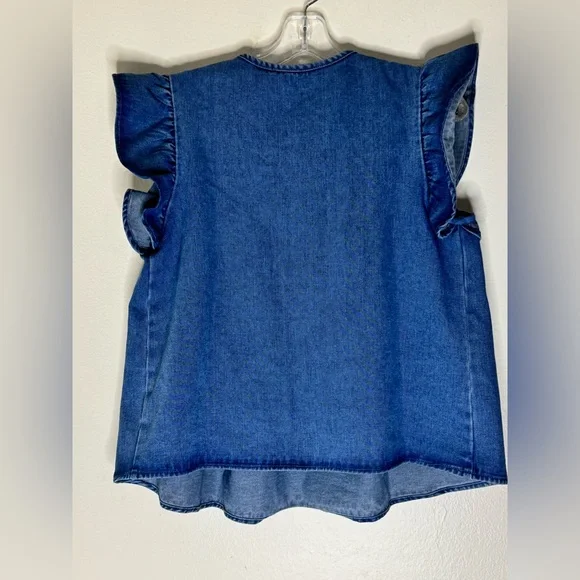 Denim Sleeveless Ruffled Tie Front Blouse - Picture 2 of 4